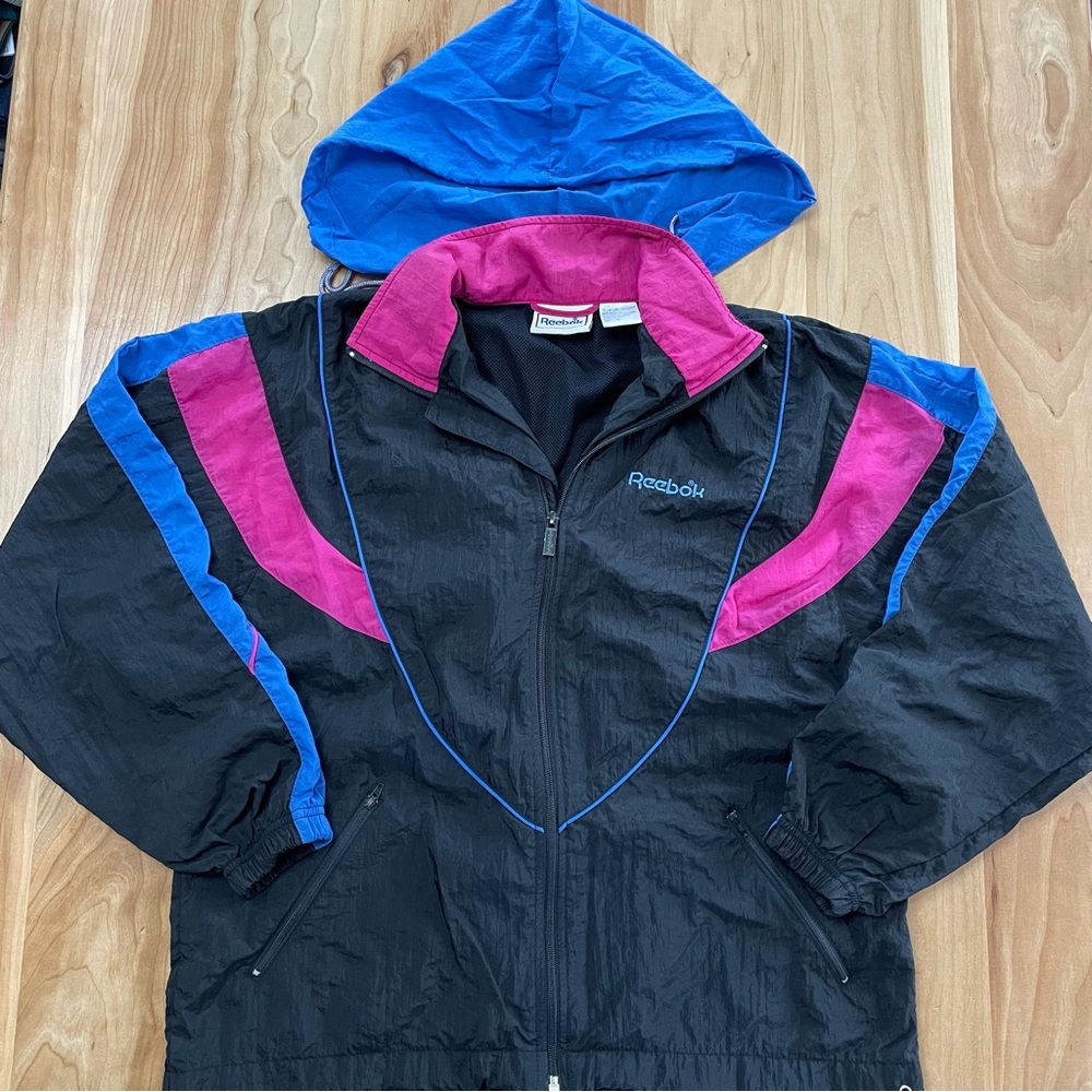 90s Reebok Colorblock Hooded Nylon Windbreaker Jacket Vintage Women’s M